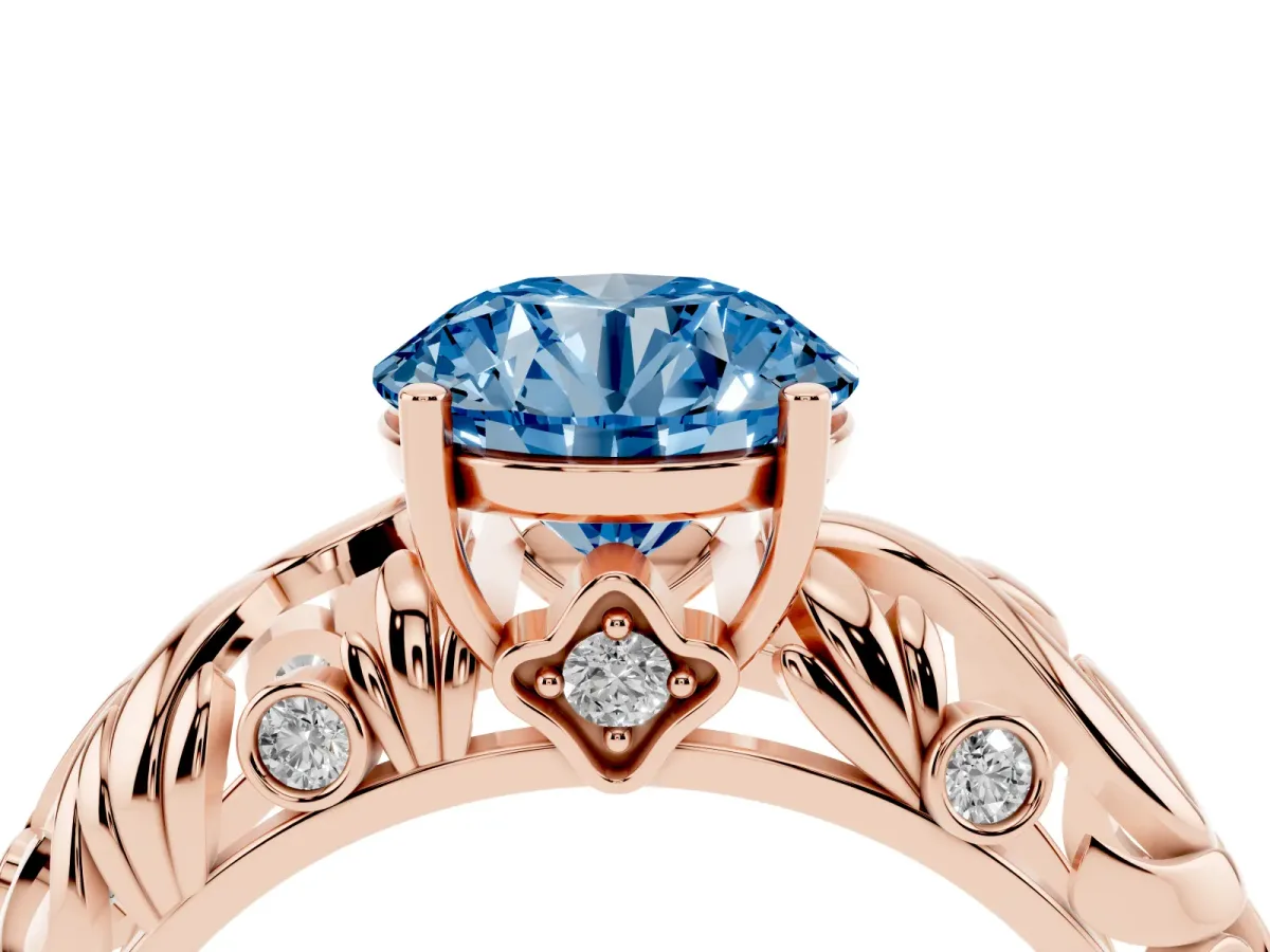 Fancy Blue Round Cut Solitaire Diamond Leaf-Inspired Vine Band Ring with Prong Setting Rose gold