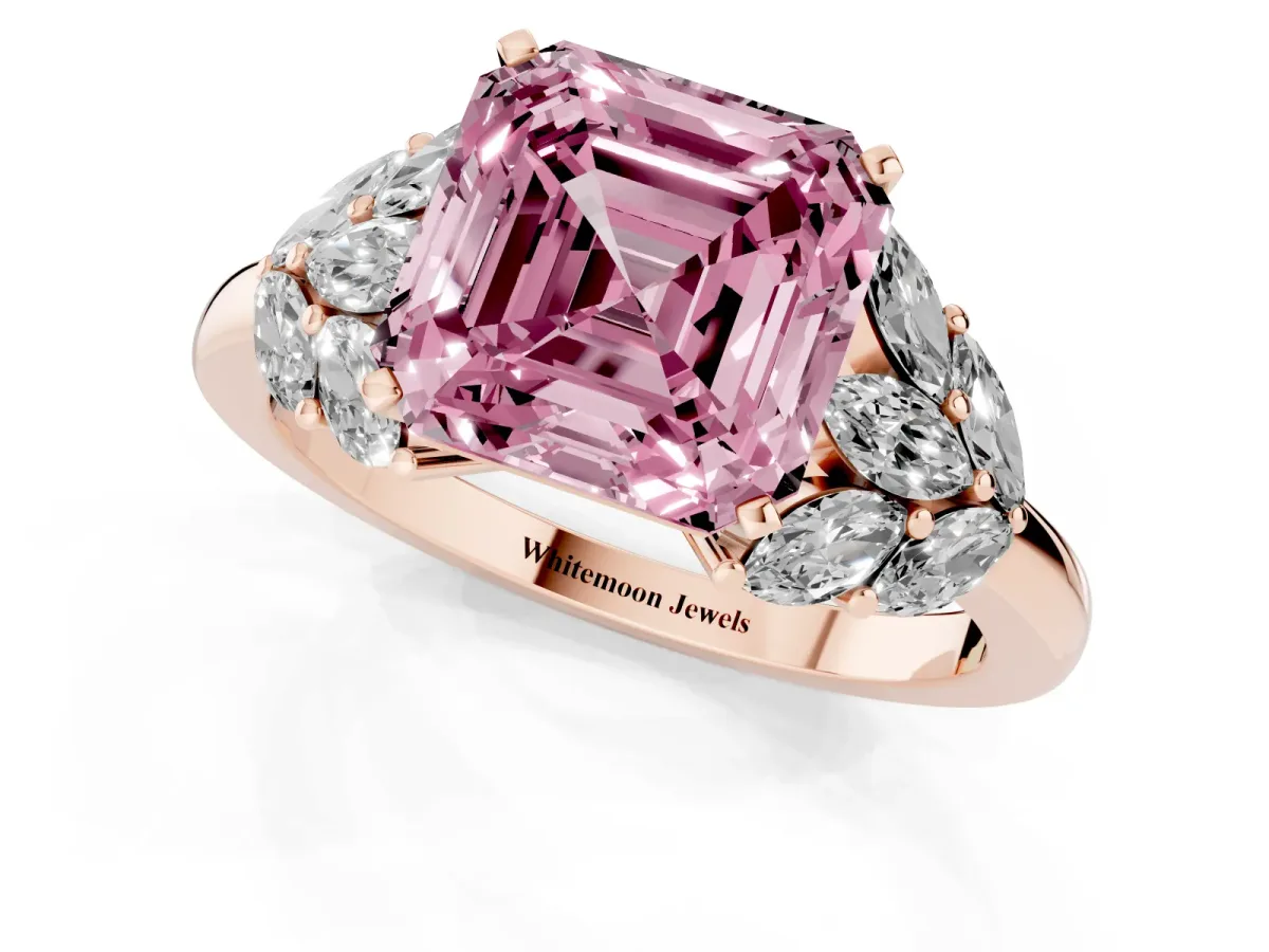 Fancy Pink Asscher Cut Diamond Cluster Leaf Design Ring with Prong Setting Rose gold