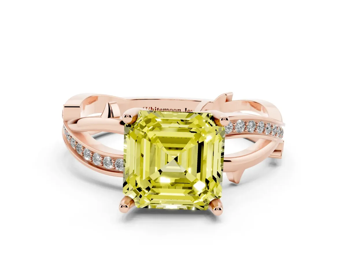 Fancy Yellow Asscher Cut Solitaire Twist Band with Pavé Accents and Four-Prong Setting Rose gold