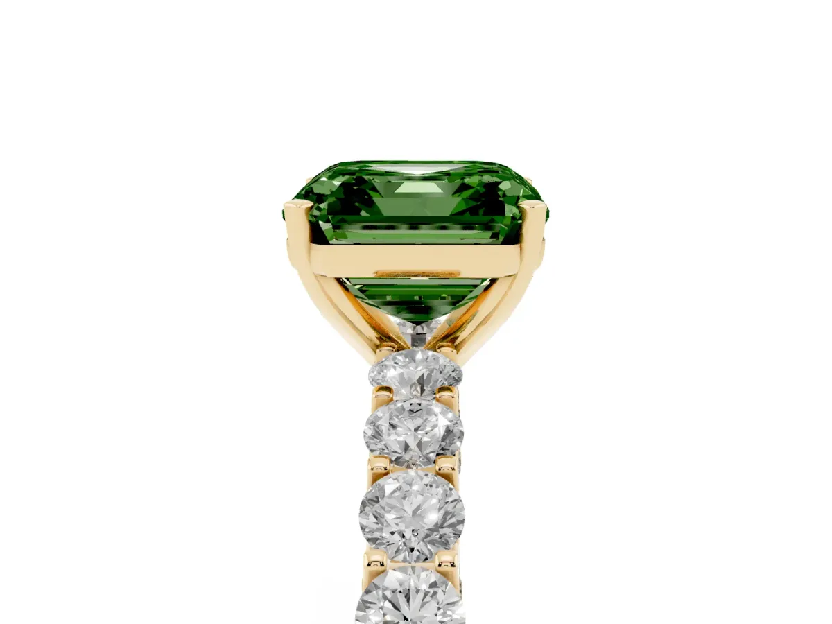 Fancy Green Asscher Cut Diamond Solitaire Ring with Shared Prong Pavé Band and Four-Prong Setting Yellow gold