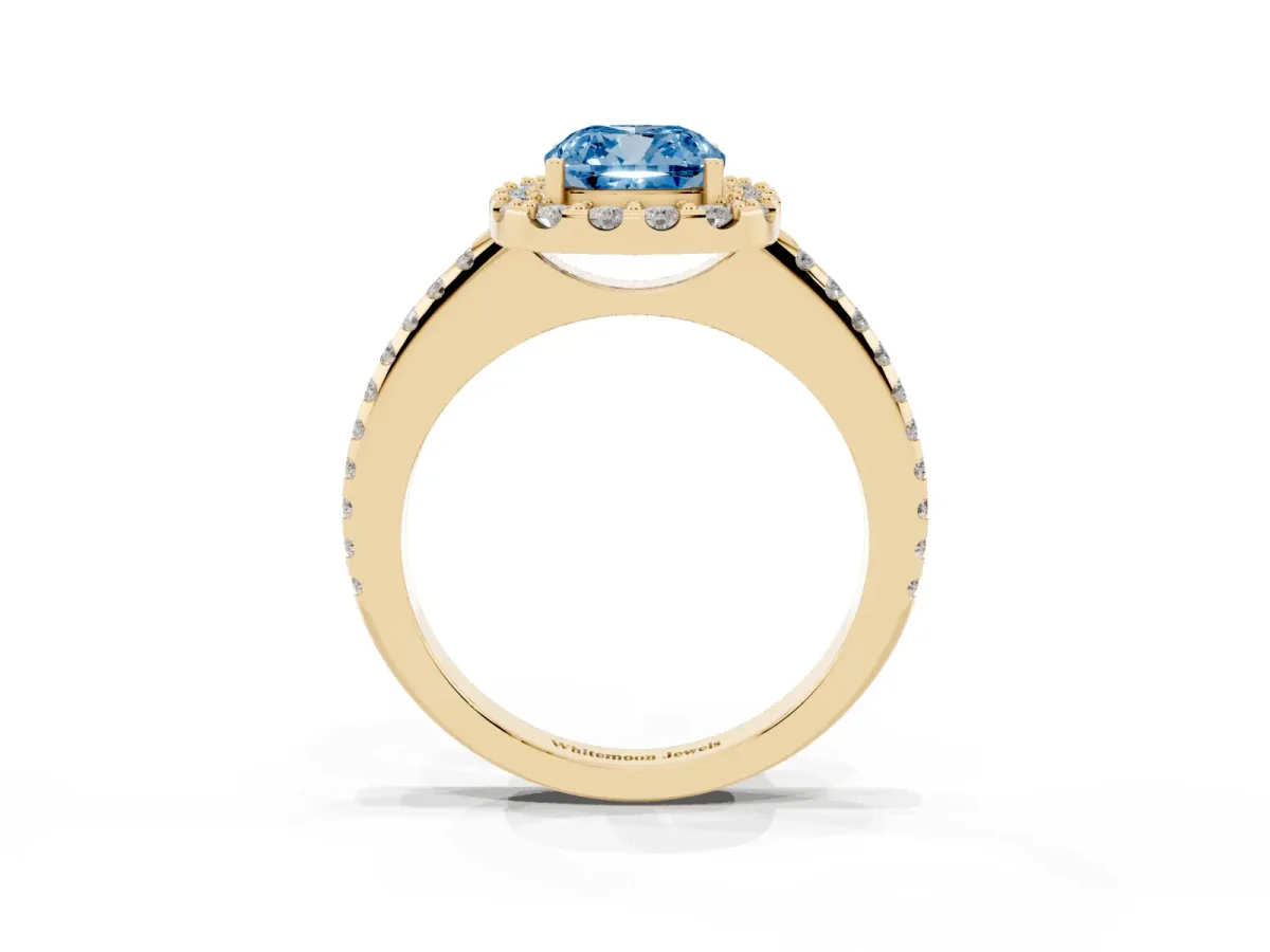 Fancy Blue Cushion Cut Diamond Pavé Halo Ring with Four-Prong Setting Yellow gold