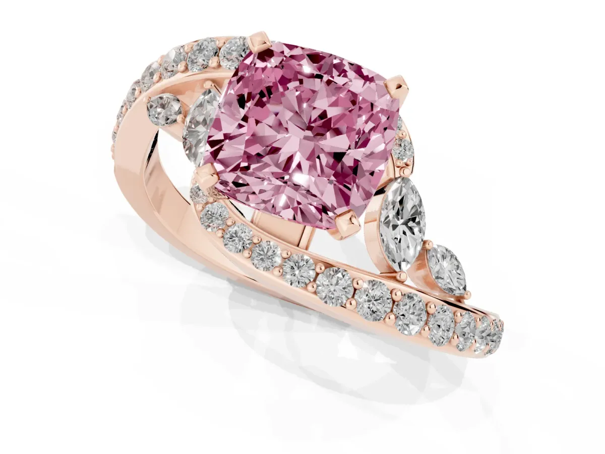 Fancy Pink Cushion Cut Diamond Solitaire Ring with Filigree Band and Four-Prong Setting Rose gold