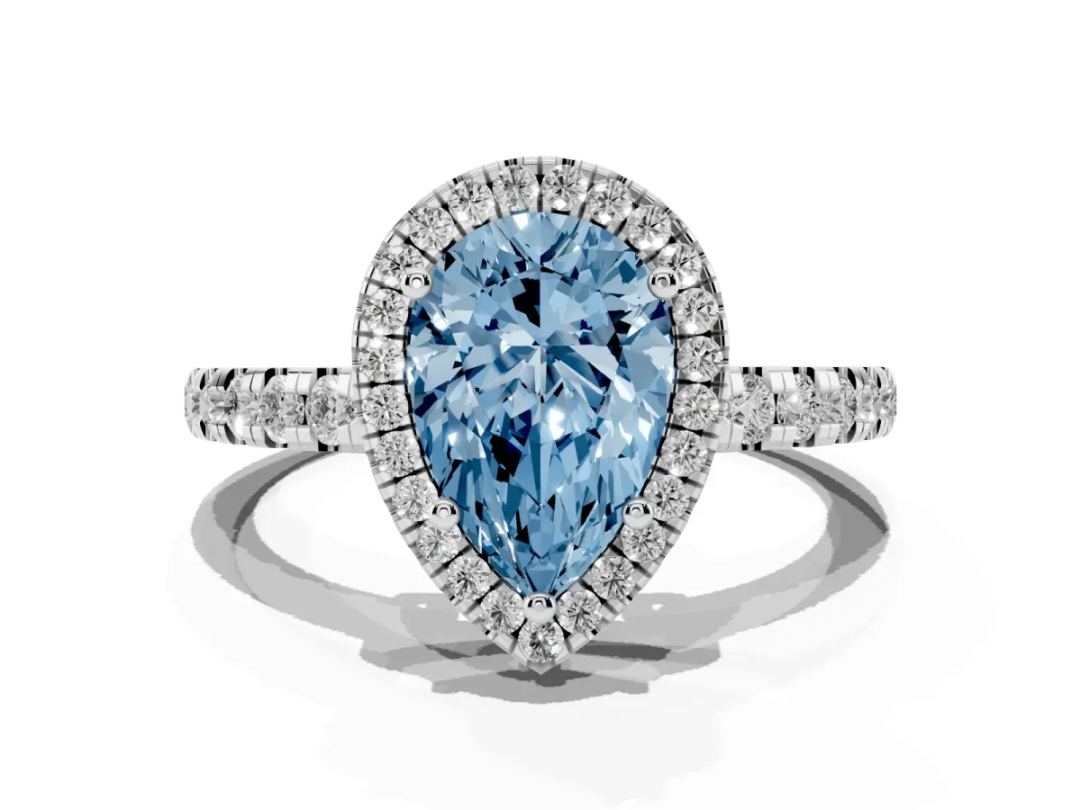 Fancy Blue Pear Cut Diamond Halo Ring with Pavé Band and Four-Prong Setting White gold
