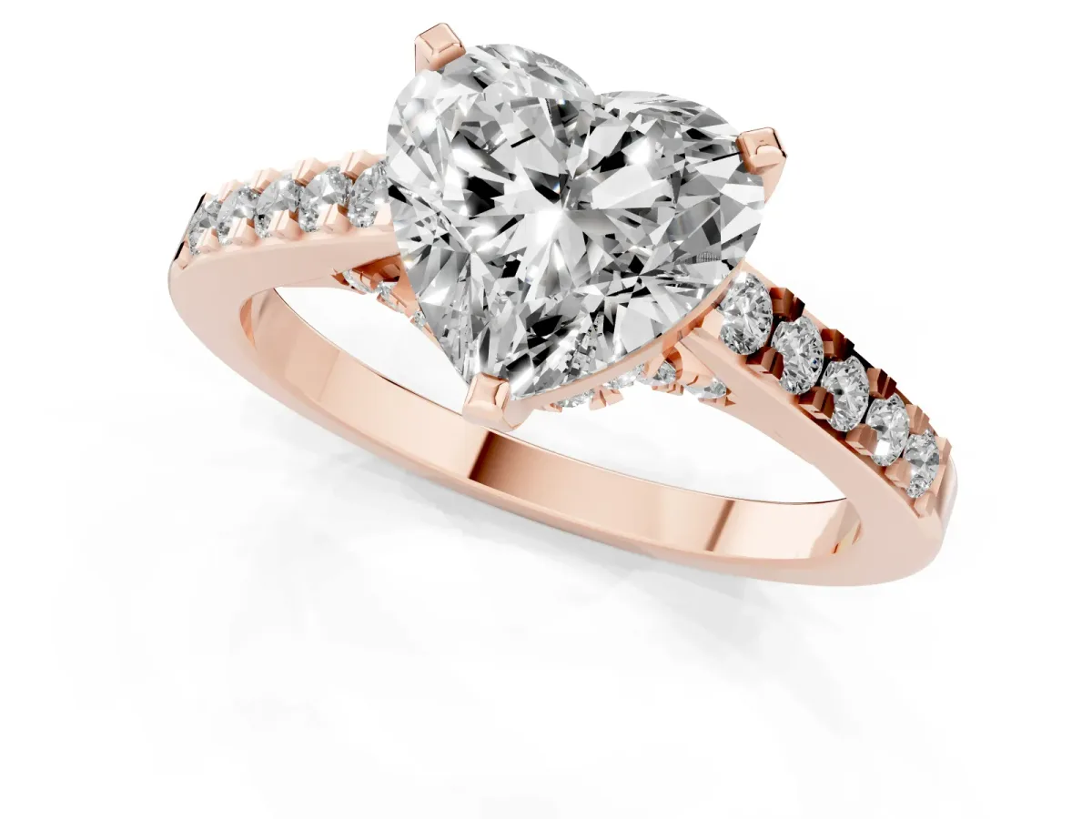 Heart Cut Diamond Solitaire Ring with Crossover Gallery and Round Pavé Band Rose gold