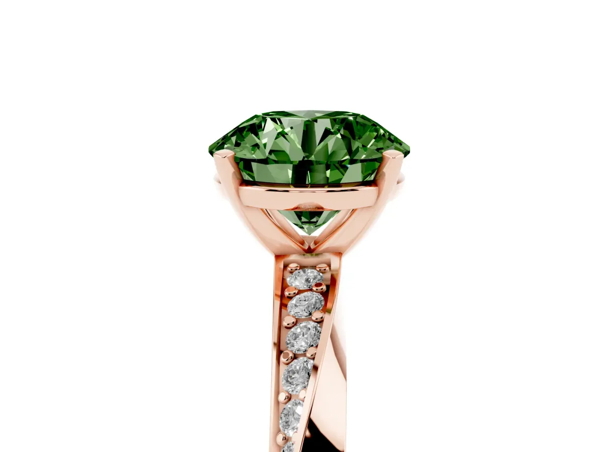 Fancy Green Round Cut Diamond Engagement Ring with Side Stone Accents and Four-Prong Setting Rose gold