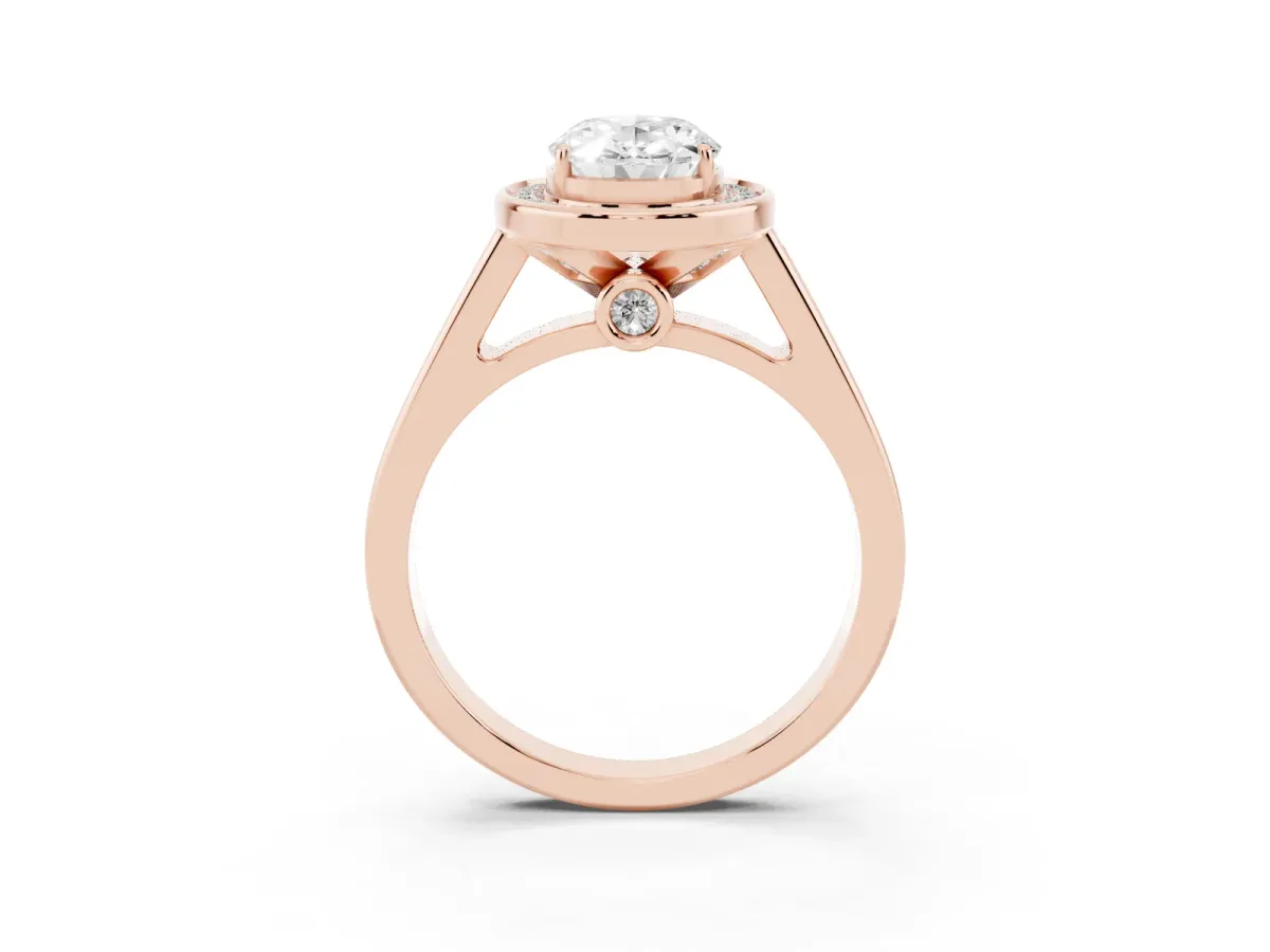 Oval Cut Halo Solitaire Diamond Ring with Pave Band and Bezel Setting Rose gold