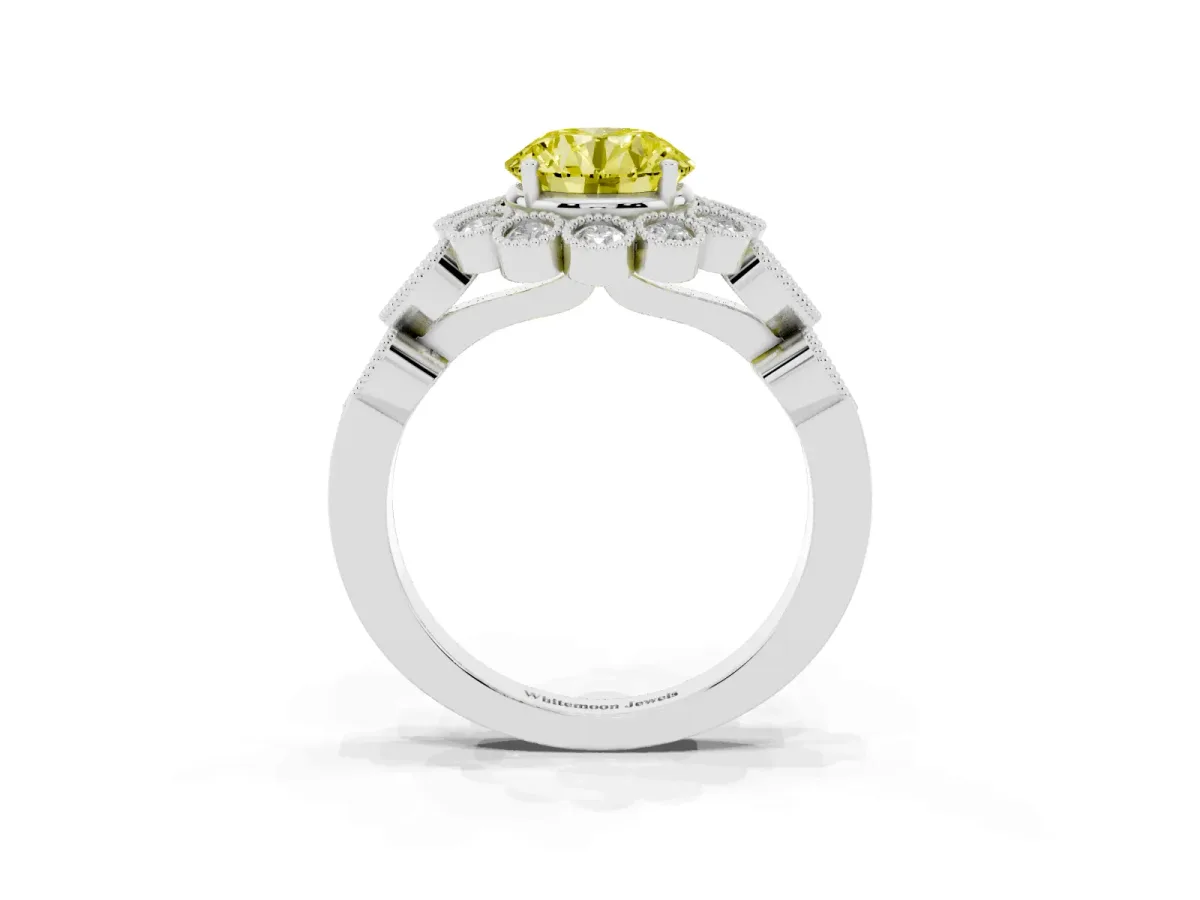Fancy Yellow Round Cut Brilliant Milgrain Pave Heart Band Solitaire Ring Silver