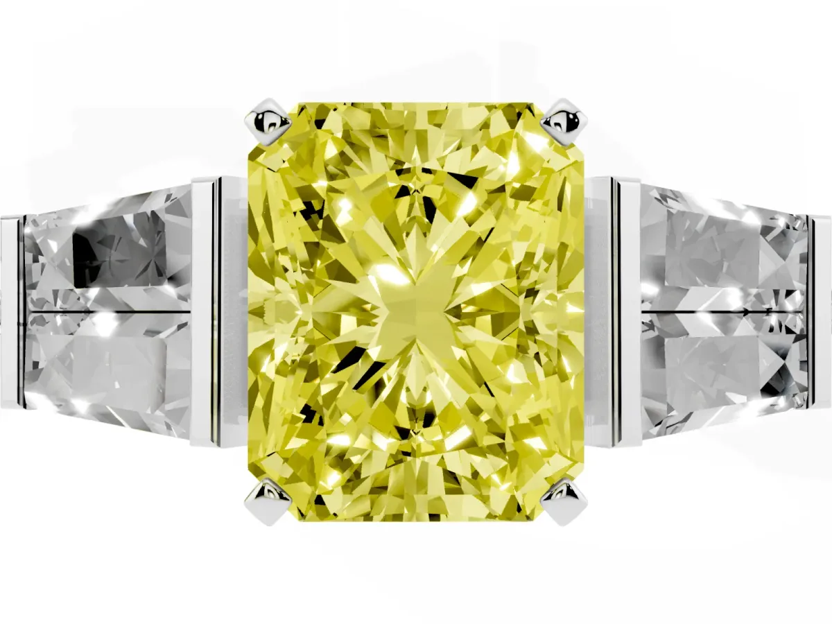 Fancy Yellow Radiant Cut Diamond Engagement Ring with Baguette Side Stones and Channel Set Band White gold