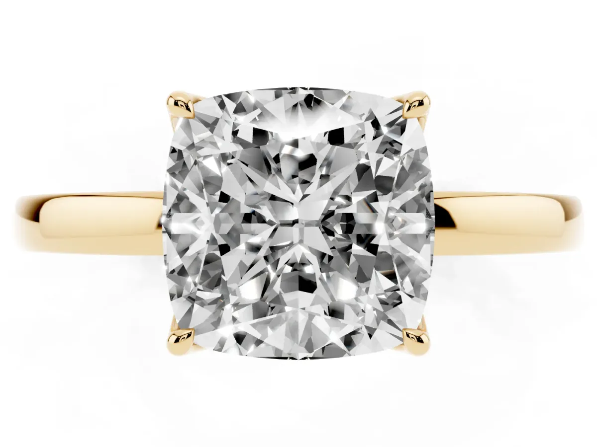 Cushion Cut Diamond Solitaire Ring with Thin Band and Prong Setting Yellow gold