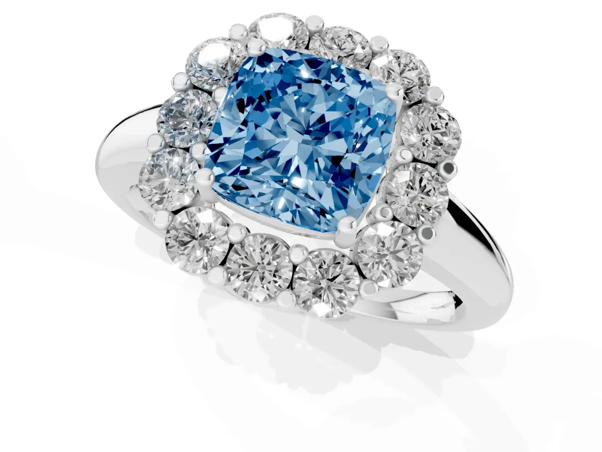 Fancy Blue Cushion Cut Halo Cluster Diamond Engagement Ring with Prong Setting and Polished Band Silver