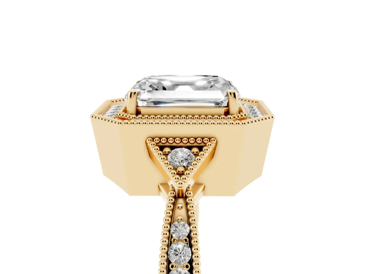 Asscher Cut Halo Round Diamond Milgrain Pave Engagement Ring Yellow gold