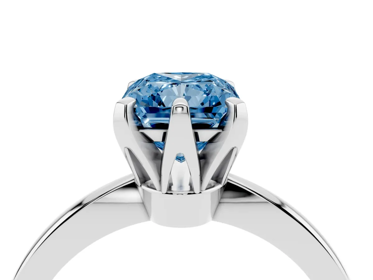 Fancy Blue Radiant Cut Solitaire Engagement Ring with Six-Prong Setting and Tapered Band Silver