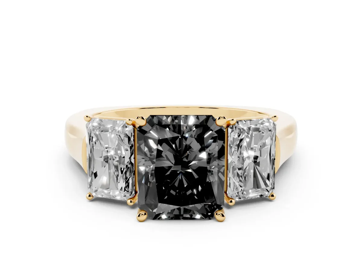 Fancy Black Three-Stone Radiant Cut Brilliant Diamond Trellis Ring with Comfort Fit Band Yellow gold