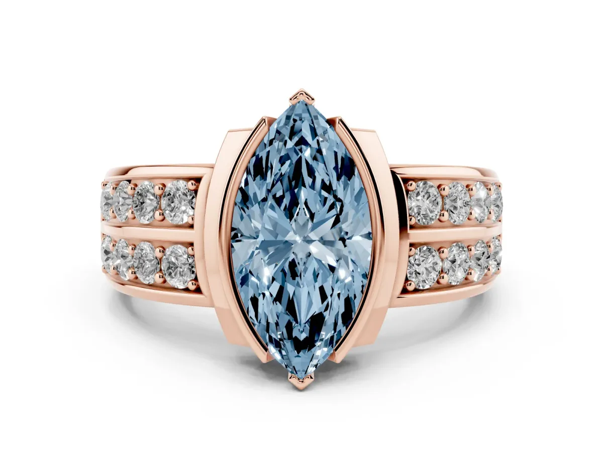 Fancy Blue Marquise Cut Brilliant Diamond Channel Set Wide Band Ring with Bezel Setting Rose gold