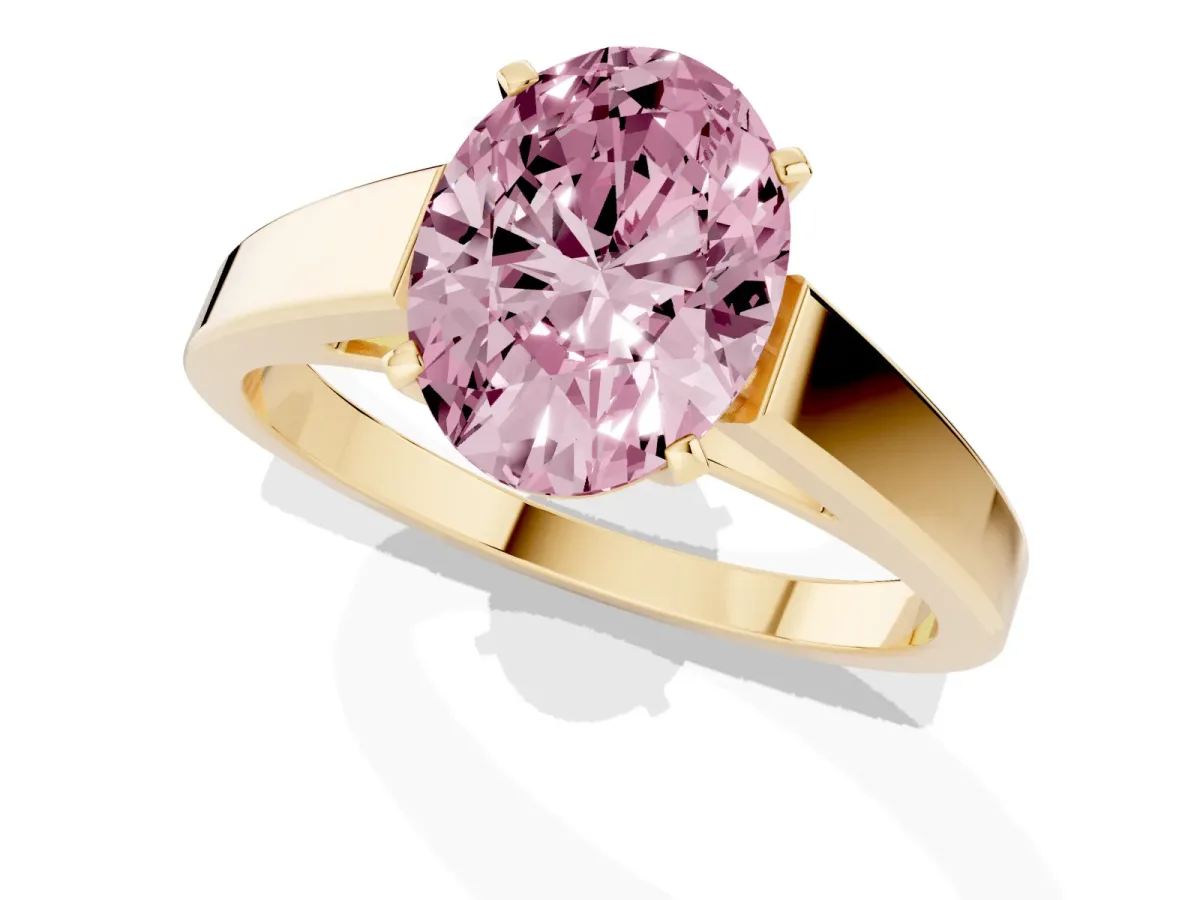 Fancy Pink Oval Cut Solitaire Engagement Ring with Four-Prong Setting and Tapered Band Yellow gold