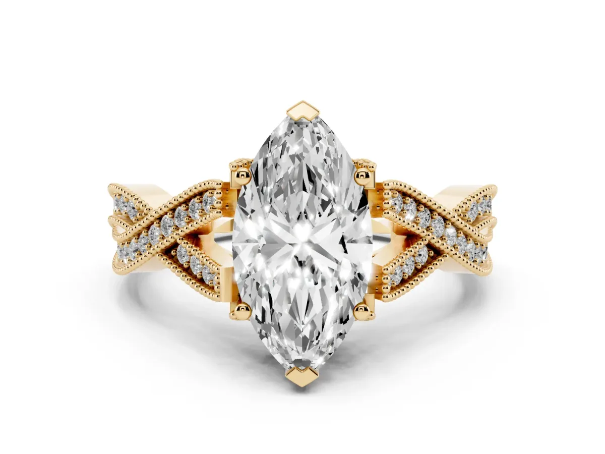 Marquise Cut Cut Diamond Twisted Band with Milgrain Pave Setting and Four-Prong Setting Yellow gold