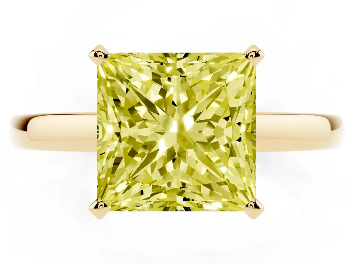 Fancy Yellow Princess Cut Solitaire Diamond Engagement Ring with Four-Prong Setting on a Classic Band Yellow gold