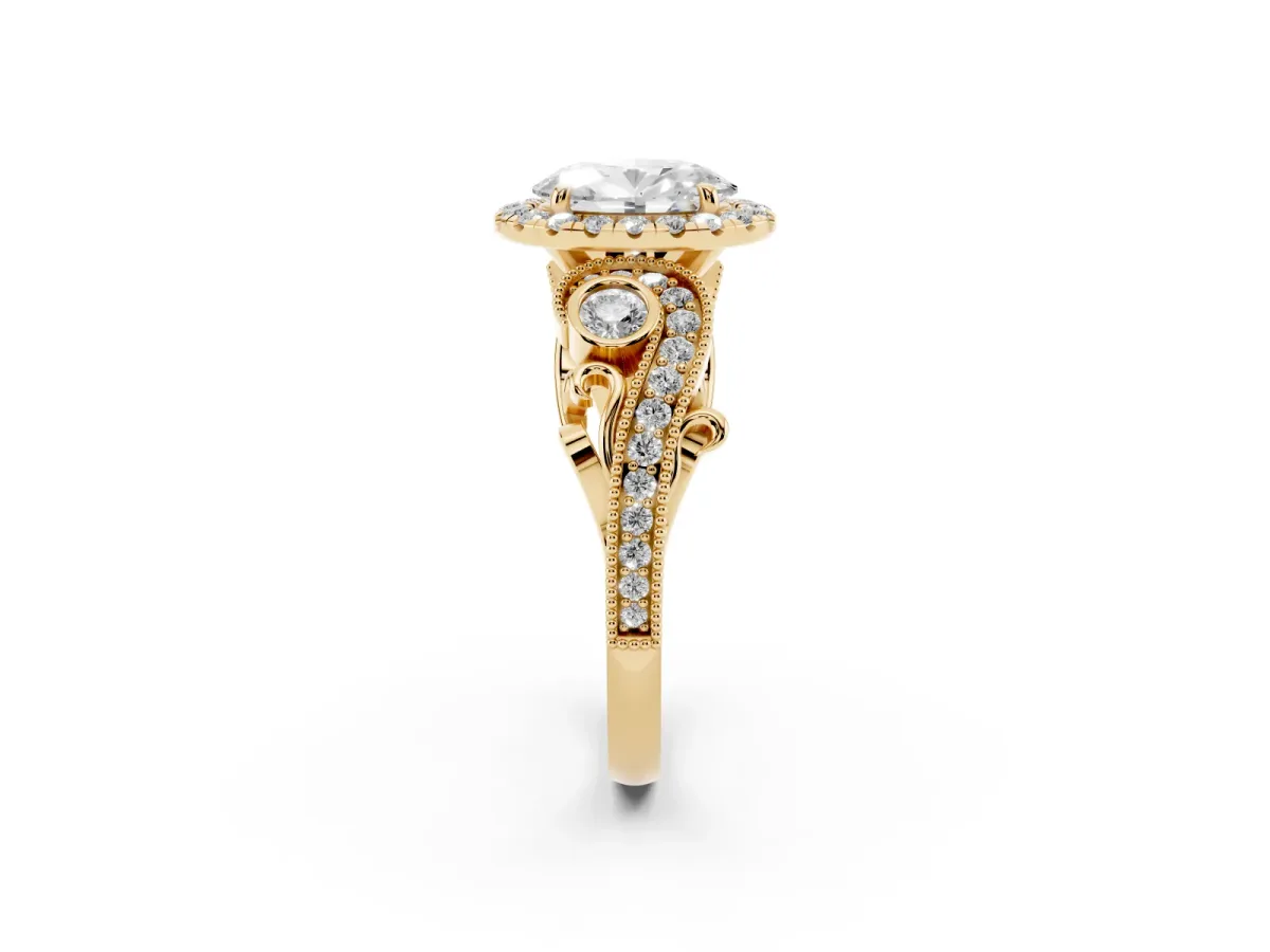 Oval Cut Halo Diamond Ring with Milgrain and Bezel Accents on a Split Shank Band Yellow gold
