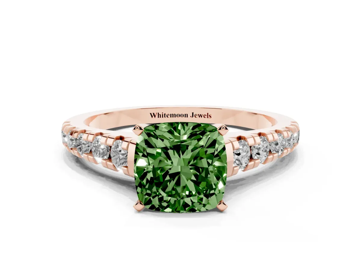 Fancy Green Cushion Cut Diamond Cathedral Solitaire Ring with Round Pavé Band Rose gold