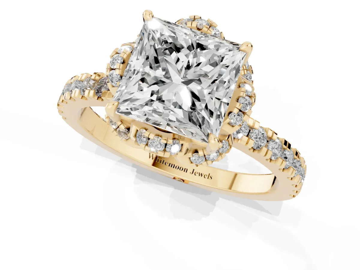 Princess Cut Halo Diamond Pave Band Ring with Four-Prong Setting Yellow gold