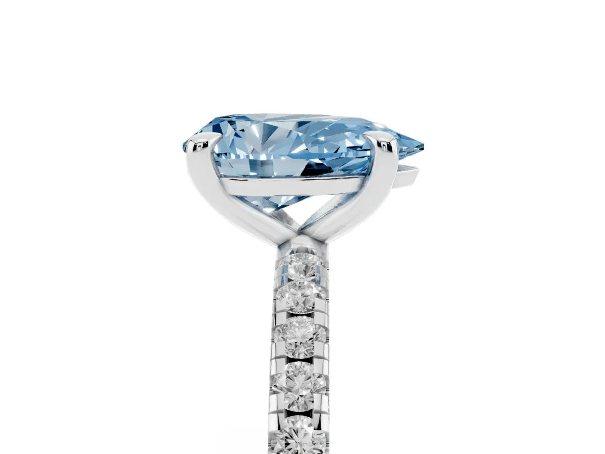 Fancy Blue Pear Cut Diamond Brilliant Solitaire Ring with Pavé Band and Four-Prong Setting Silver