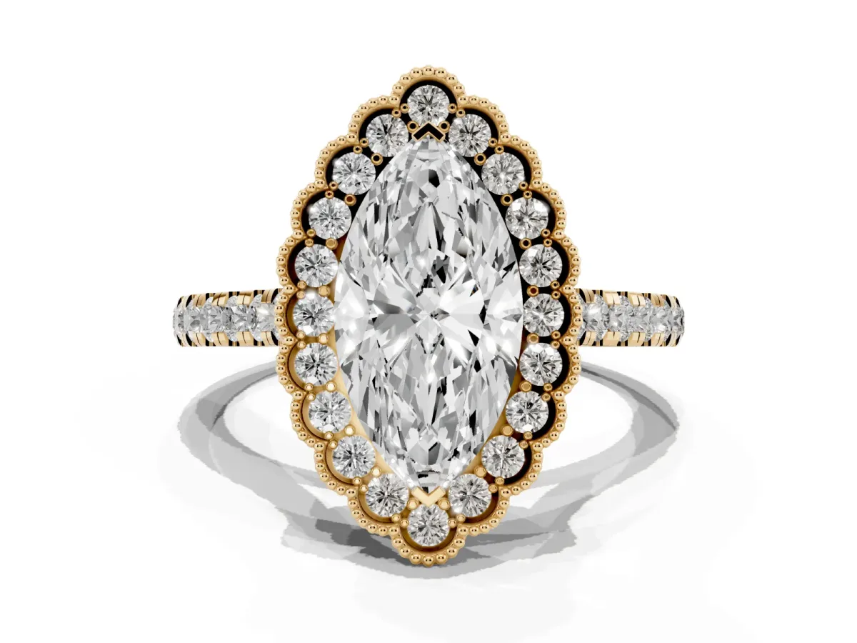 Marquise Cut Cut Diamond Milgrain Floral Halo Engagement Ring with Pavé Band Yellow gold