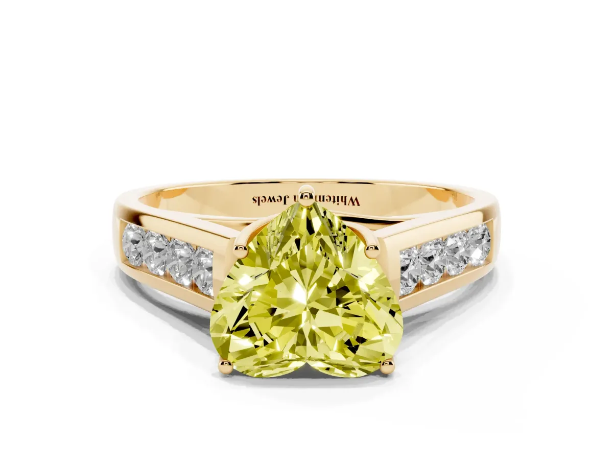 Fancy Yellow Heart Cut Brilliant Channel-Set Solitaire Ring with Four-Prong Setting Yellow gold