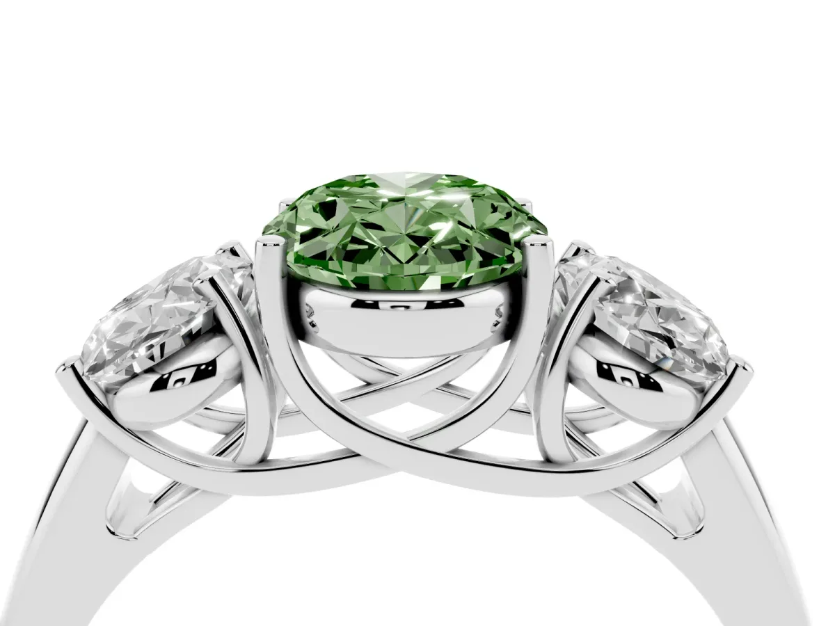 Fancy Green Three-Stone Oval Cut Diamond Engagement Ring with Prong Setting Platinum