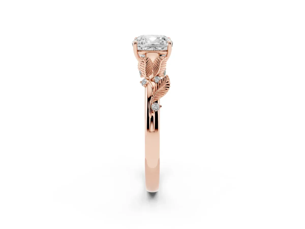 Cushion Cut Diamond Solitaire Ring with Leaf Motif Band and Four-Prong Setting Rose gold