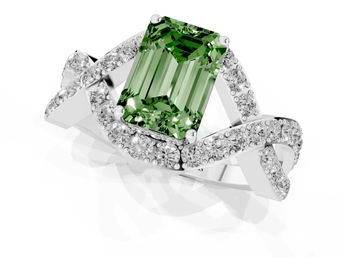 Fancy Green Emerald Cut Solitaire Twist Band Pavé Diamond Engagement Ring Silver