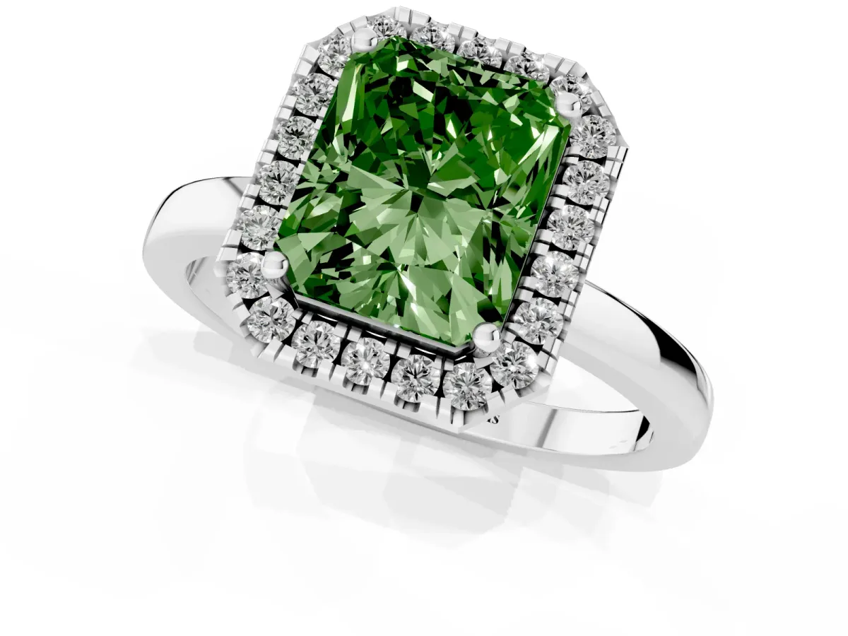 Fancy Green Radiant Cut Halo Diamond Solitaire with Pavé Band and Four-Prong Setting Platinum