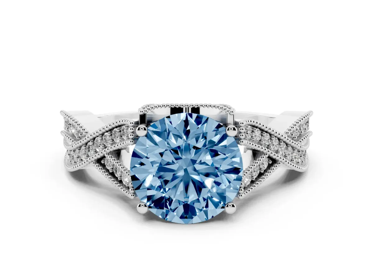 Fancy Blue Round Cut Cut Diamond Twisted Band with Milgrain Pave Setting and Four-Prong Setting Silver