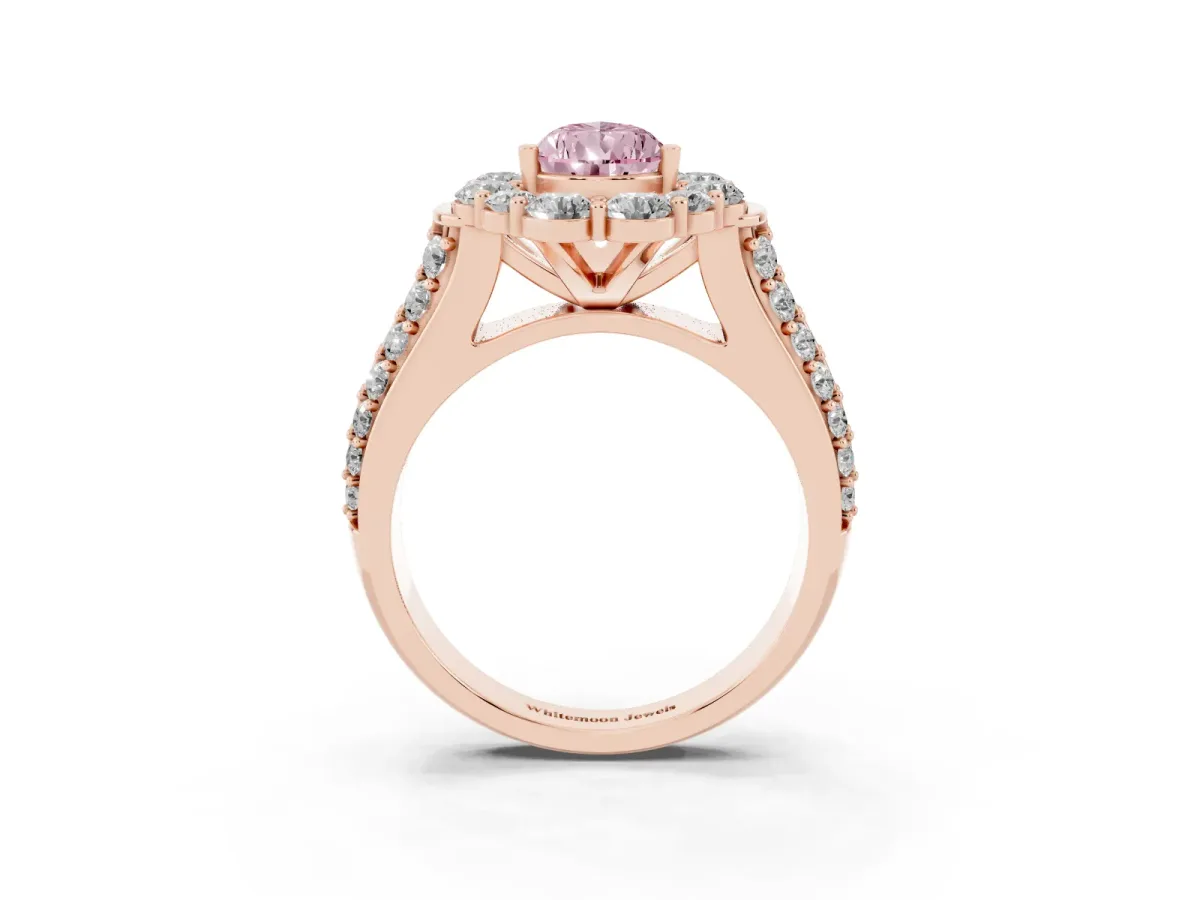 Fancy Pink Pear Cut Halo Diamond Engagement Ring with Split Shank and Prong Setting Rose gold