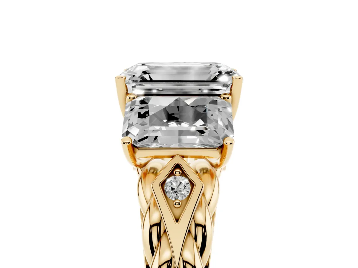 Three-Stone Radiant Cut Diamond Braided Band Ring with Four-Prong Setting Yellow gold