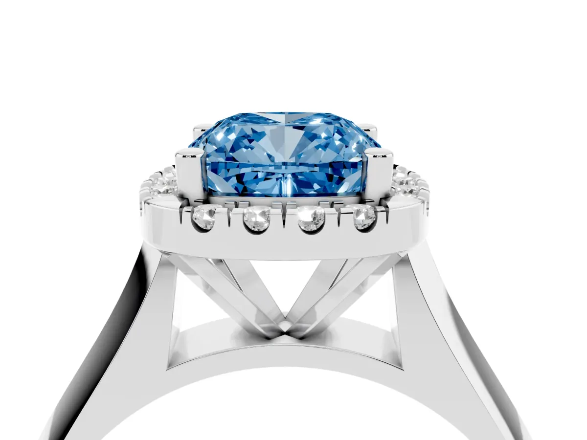 Fancy Blue Cushion Cut Cut Halo Solitaire Engagement Ring with Square Band and Four-Prong Setting White gold