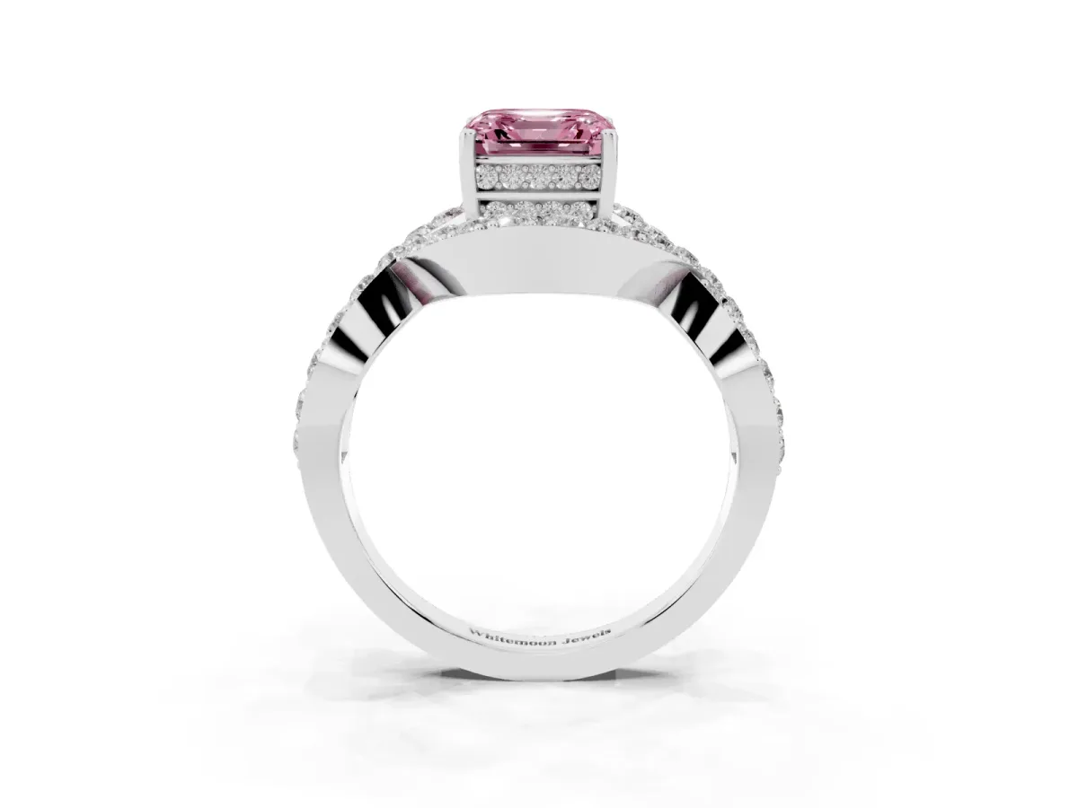 Fancy Pink Asscher Cut Solitaire Twist Band Pavé Diamond Engagement Ring Platinum