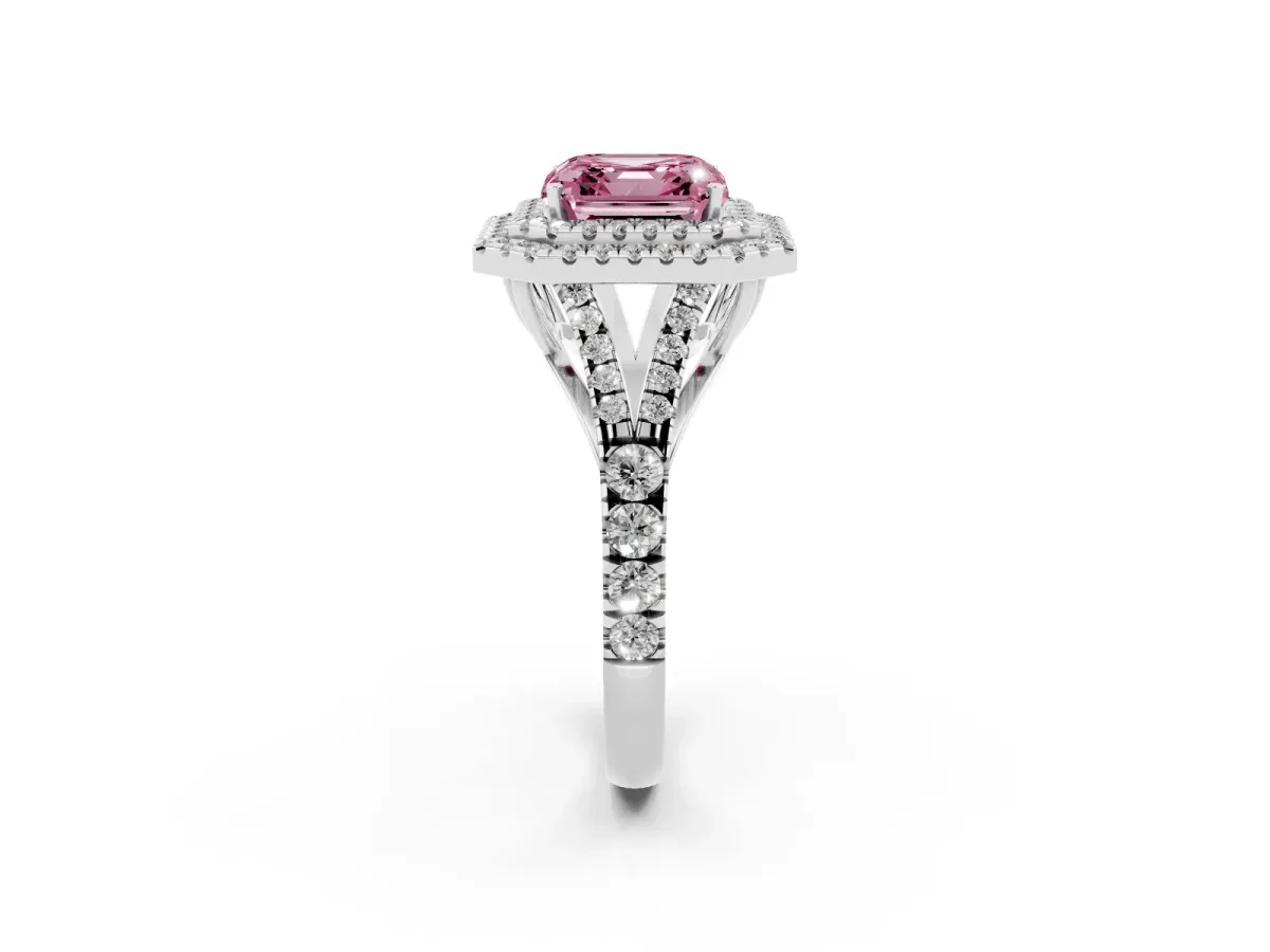 Fancy Pink Asscher Cut Diamond Pavé Split Shank Double Halo Engagement Ring Silver