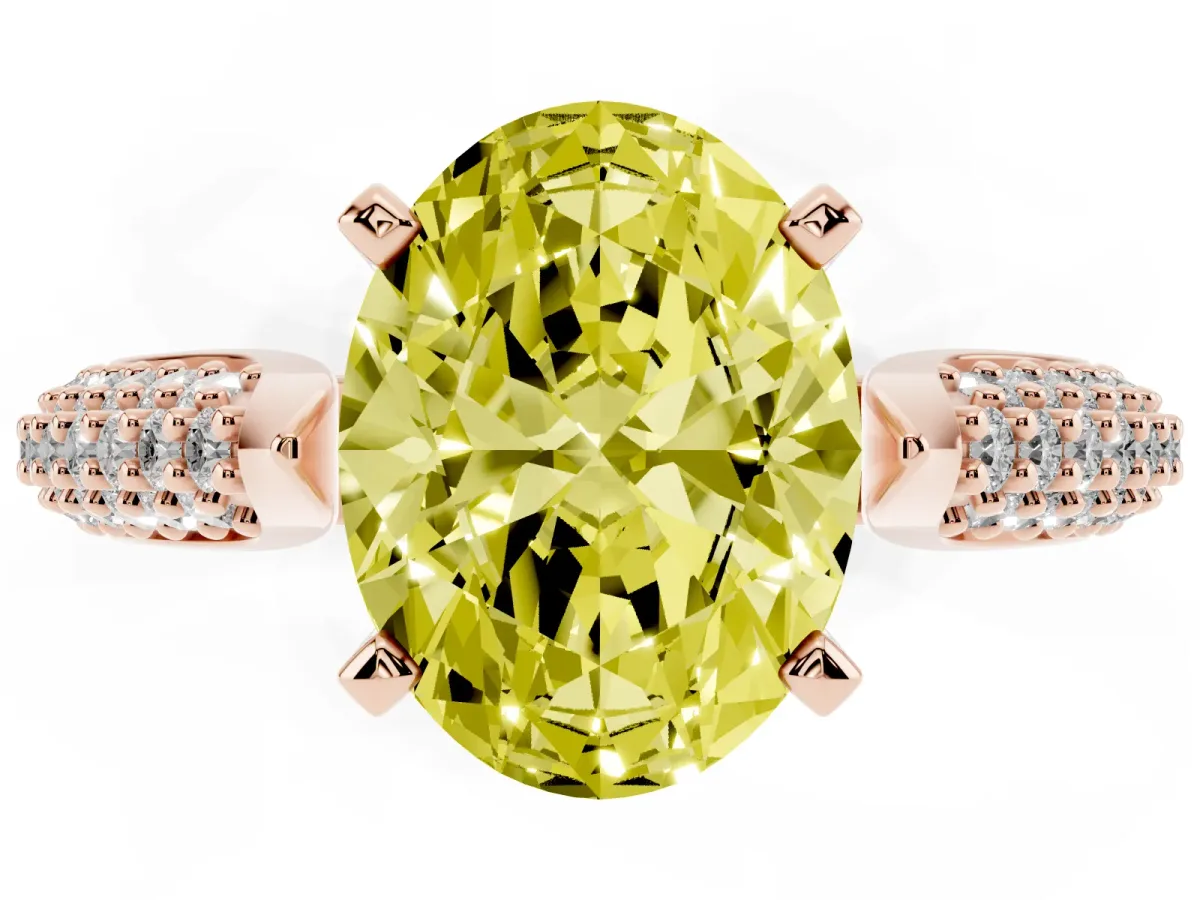 Fancy Yellow Oval Cut Diamond Solitaire Engagement Ring with Multi-Row Round Pavé Band and Prong Setting Rose gold