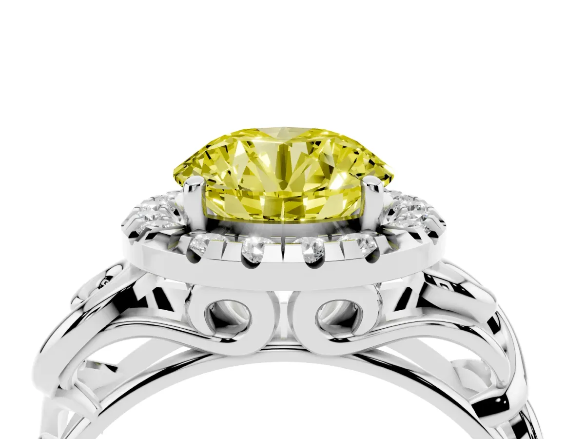 Fancy Yellow Round Cut Cut Halo Diamond Ring with Scrollwork Band and Four-Prong Setting Silver
