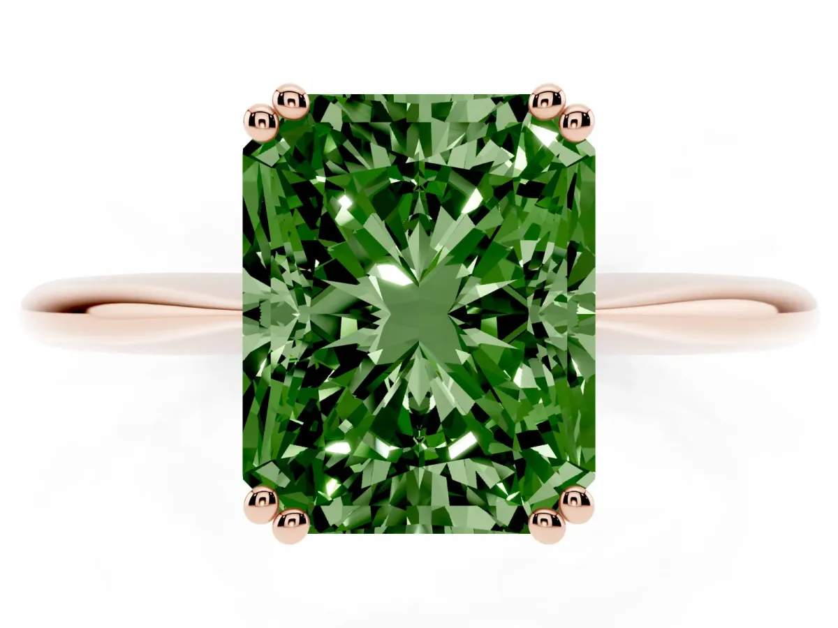 Fancy Green Radiant Cut Solitaire Diamond Ring with Six-Prong Setting and Classic Band Rose gold