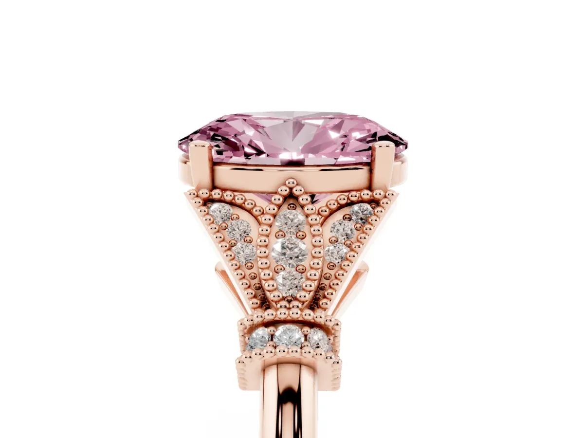 Fancy Pink Oval Cut Diamond Solitaire Ring with Floral Filigree and Pave Accents Rose gold