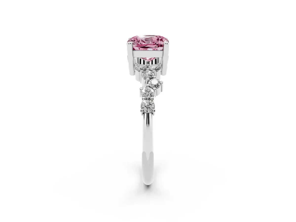 Fancy Pink Cushion Cut Diamond Scattered Round Accent Ring with Prong Setting White gold