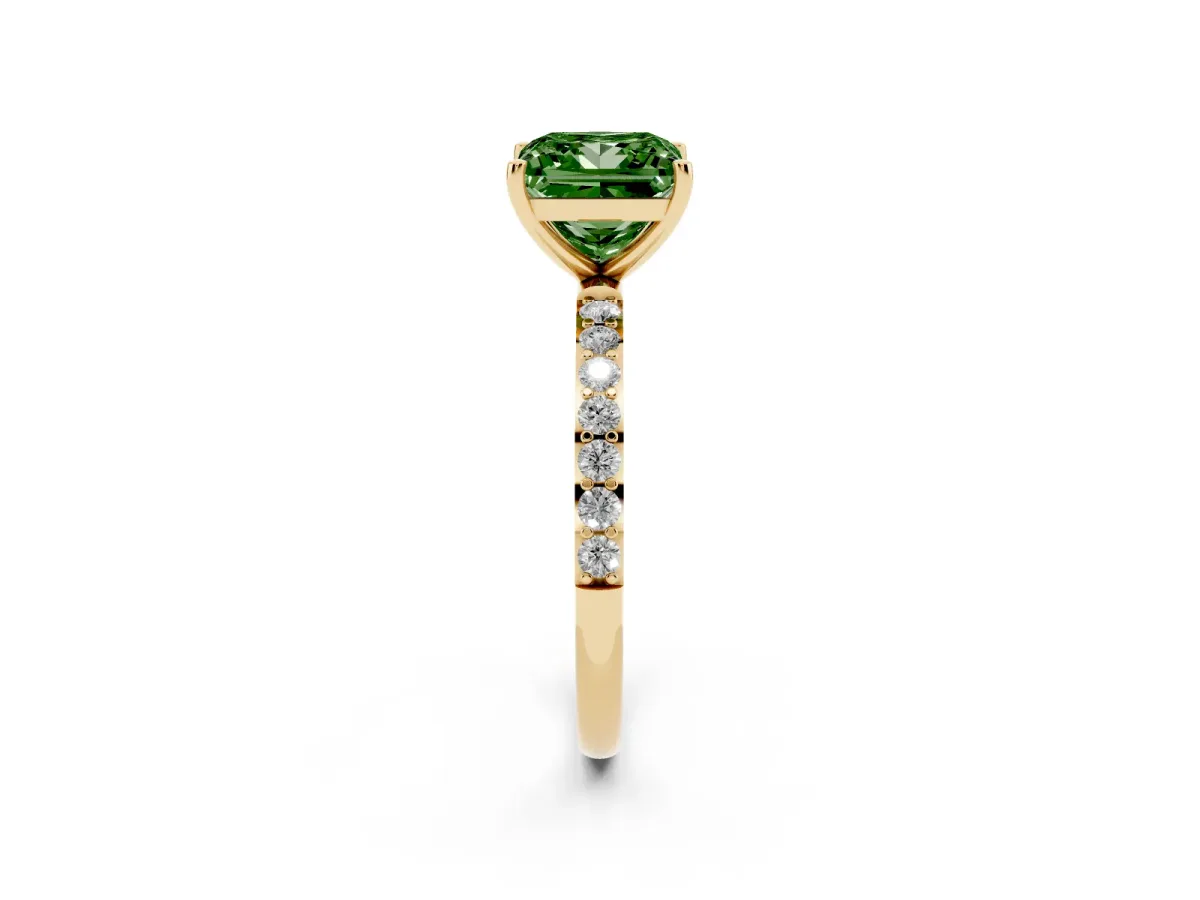 Fancy Green Princess Cut Diamond Solitaire Ring with Round Pavé Shoulders and Prong Setting Yellow gold