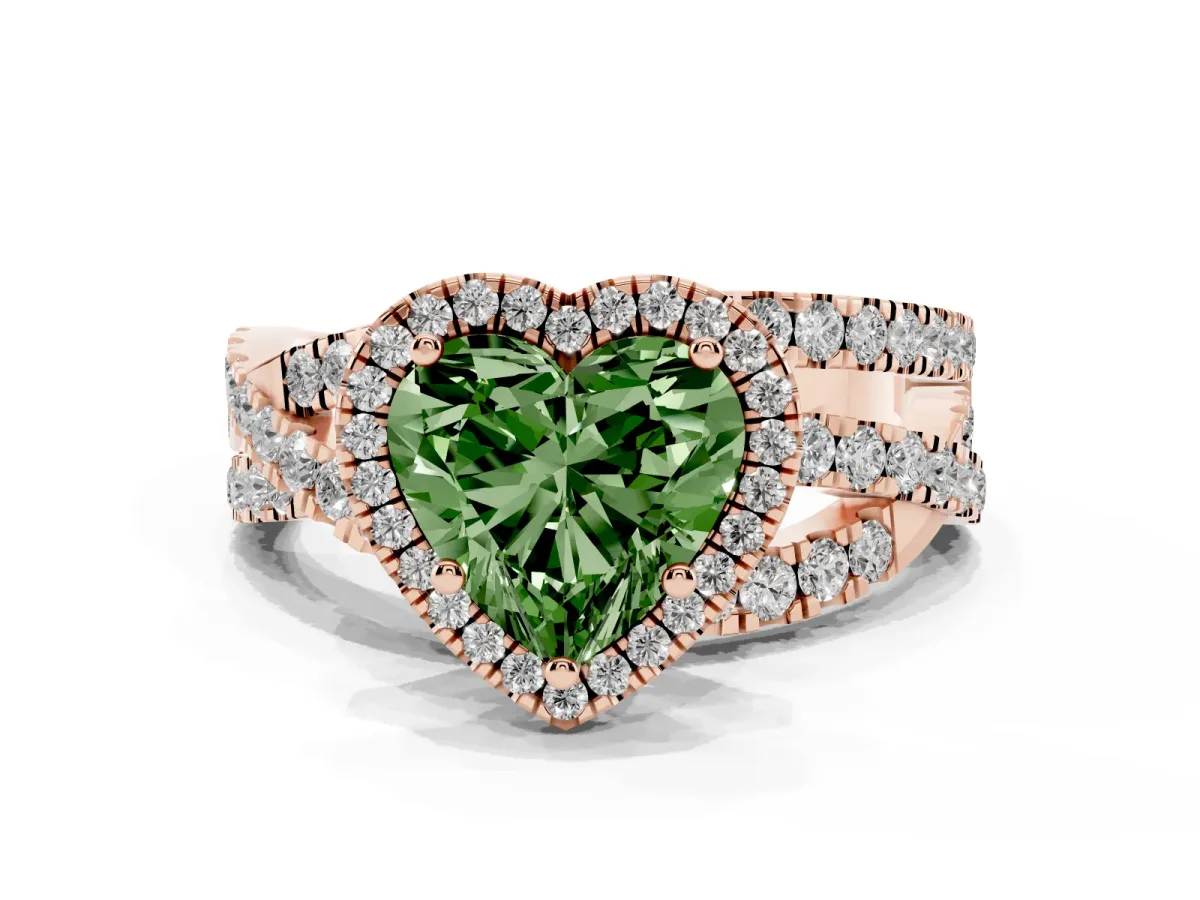 Fancy Green Heart Cut Diamond Halo Ring with Round Split Shank and Prong Setting Rose gold