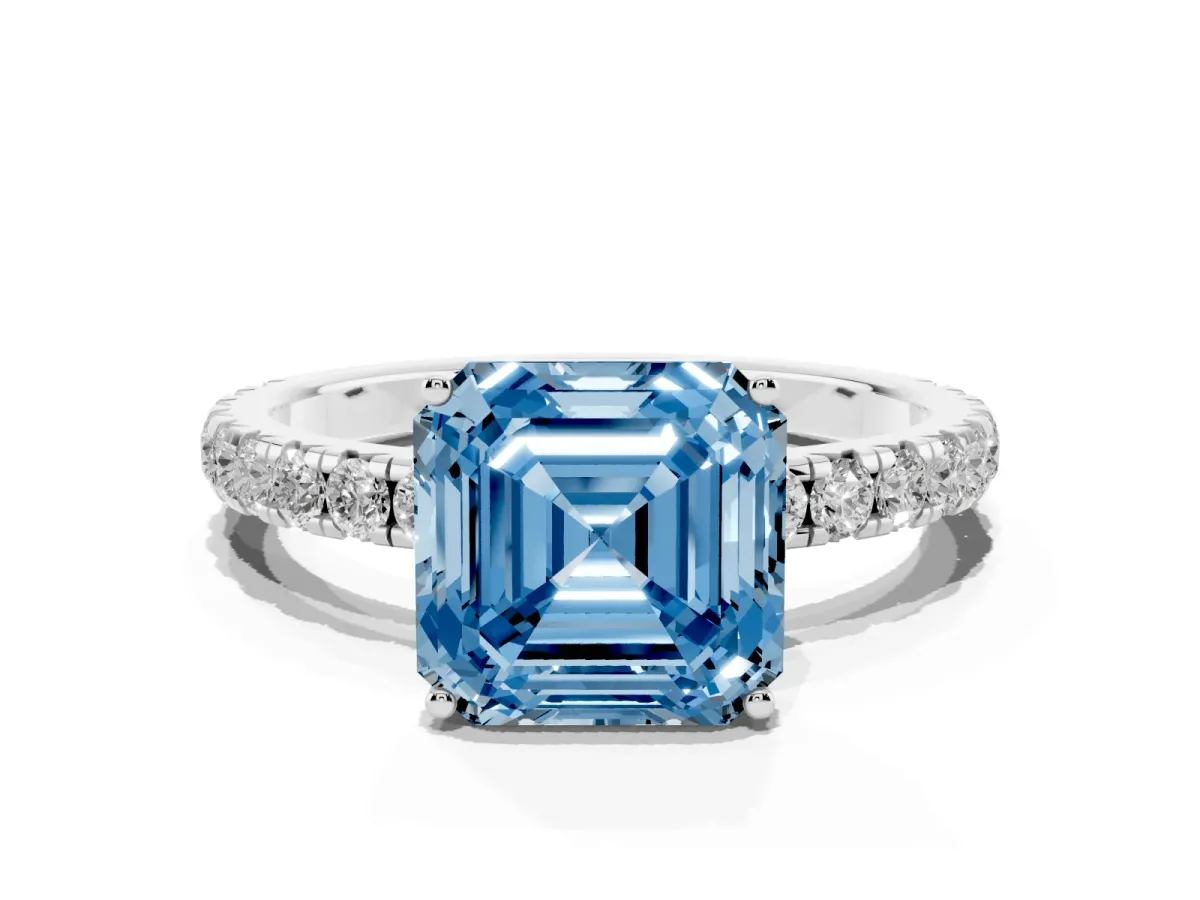 Fancy Blue Asscher Cut Diamond Pavé Solitaire Engagement Ring with Four-Prong Setting Platinum