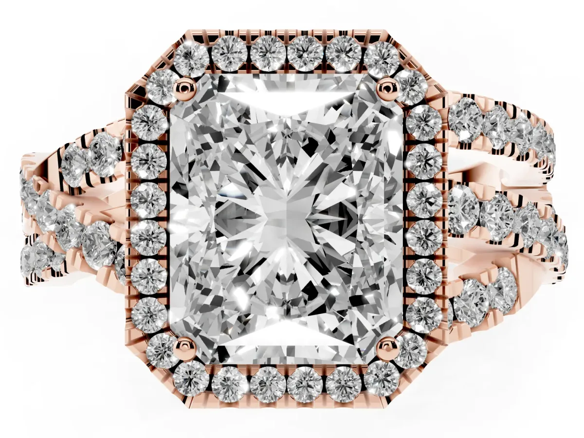 Radiant Cut Diamond Halo Ring with Round Split Shank and Prong Setting Rose gold