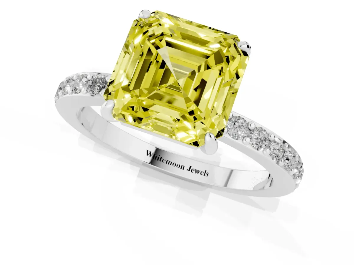 Fancy Yellow Asscher Cut Diamond Pavé Engagement Ring with Round Accents and Prong Setting Silver