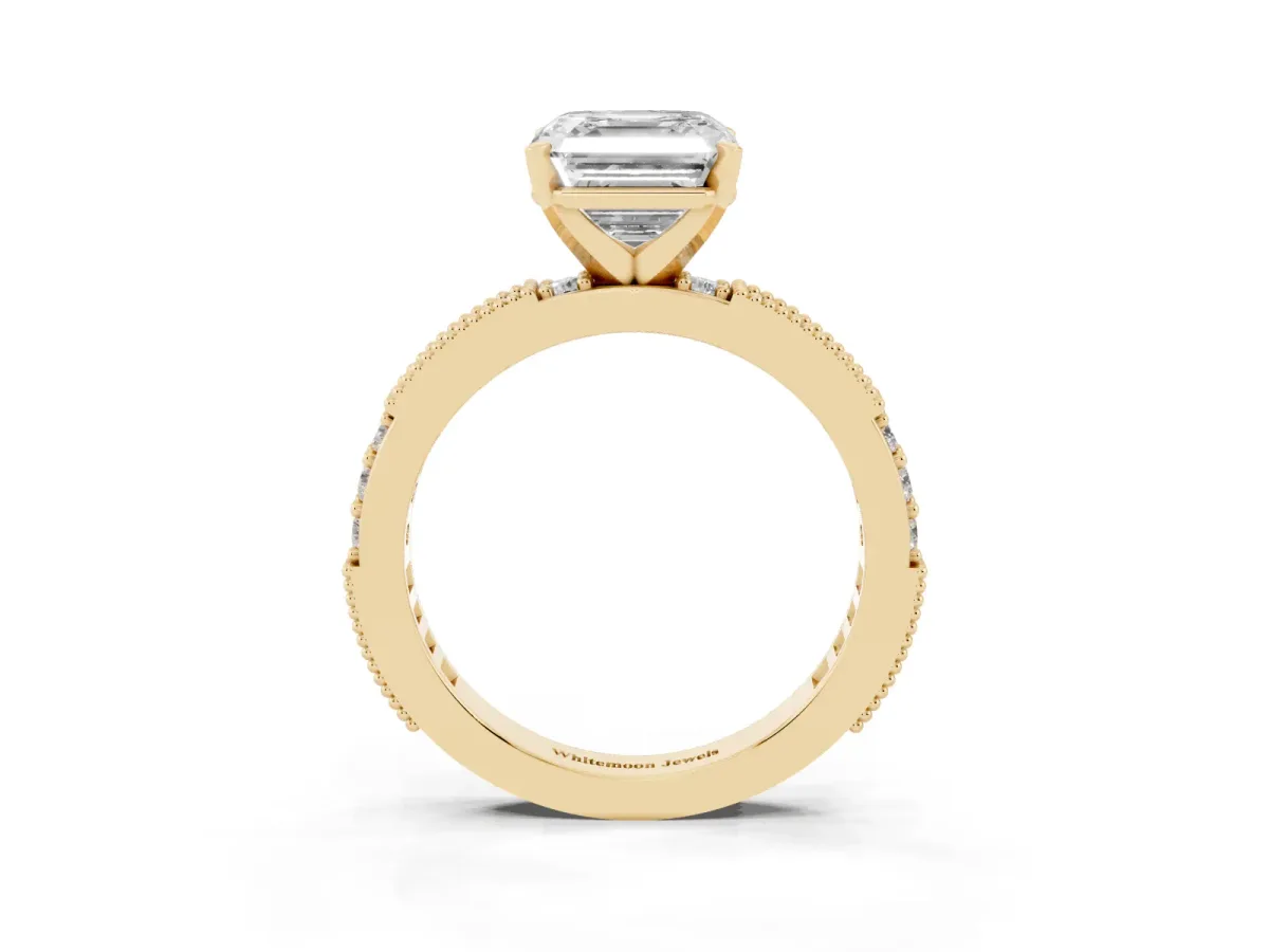 Asscher Cut Solitaire with Pavé Band and Four-Prong Setting Yellow gold