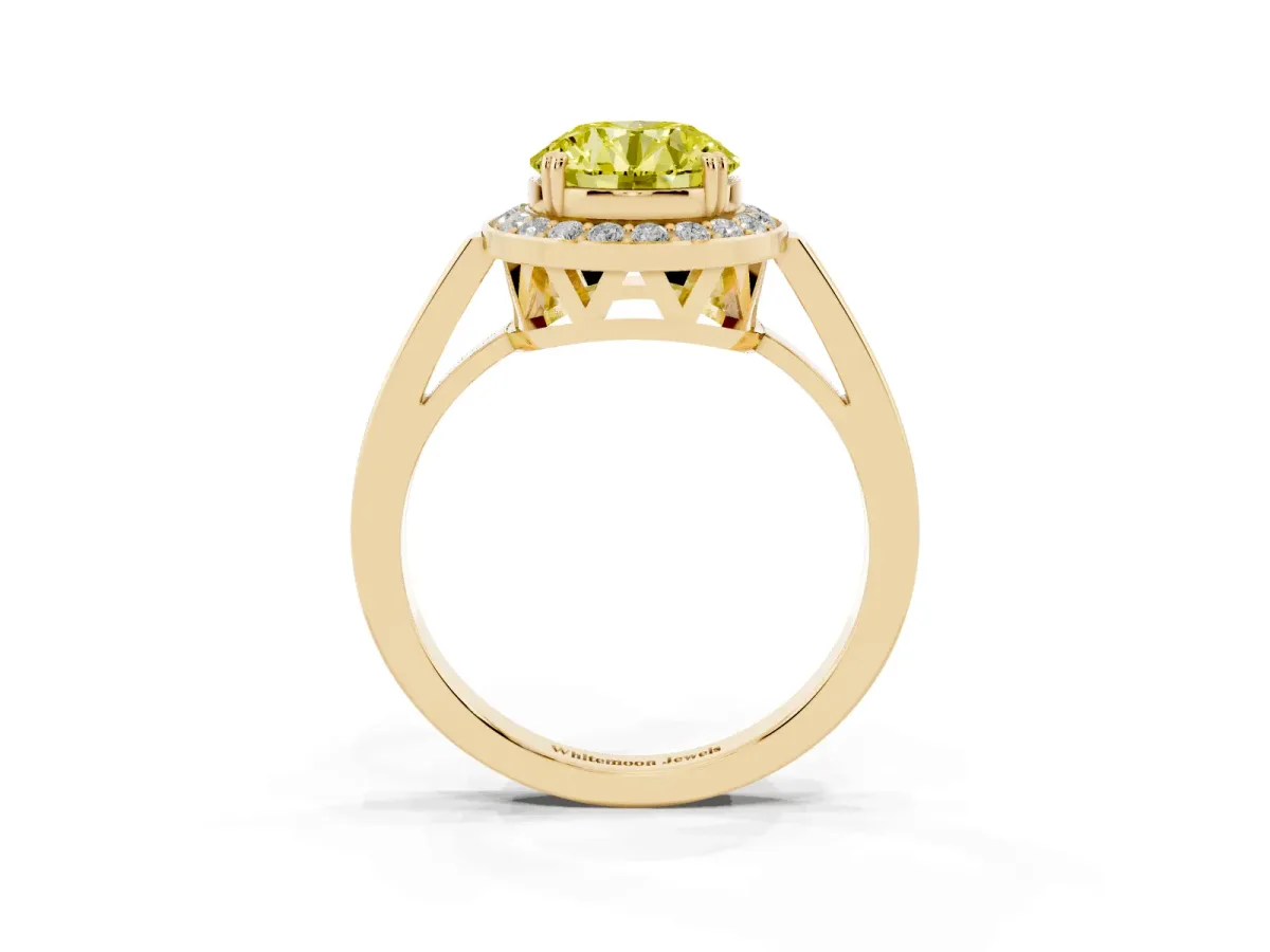Fancy Yellow Round Cut Diamond Halo Ring with Split Shank and Four-Prong Setting Yellow gold