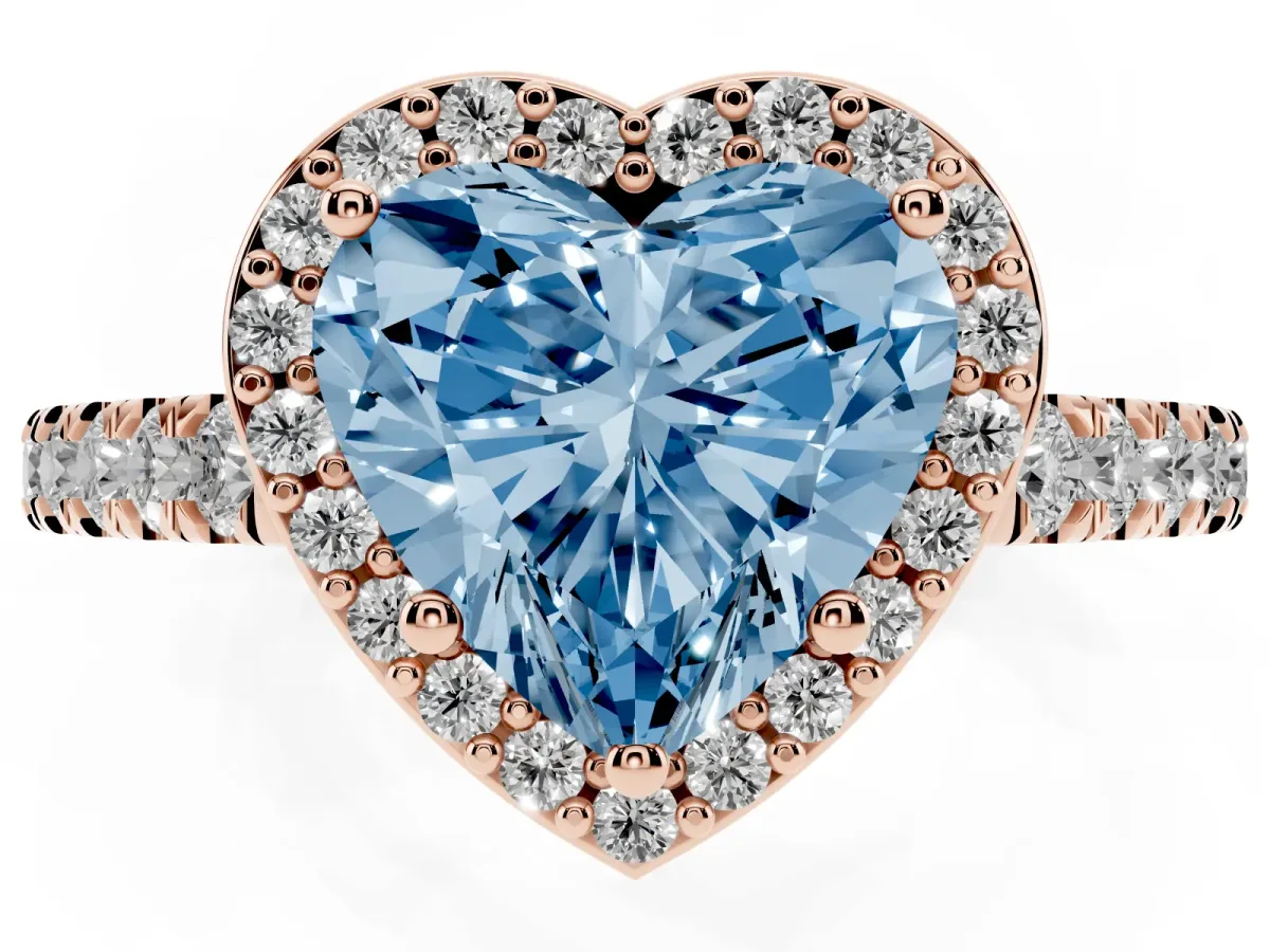 Fancy Blue Heart Cut Cut Halo Diamond Engagement Ring with Pave Band and Four-Prong Setting Rose gold